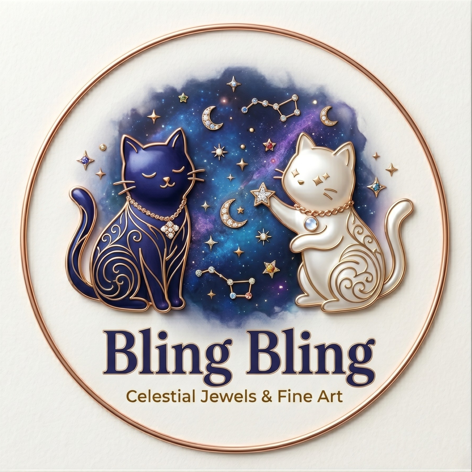 Logo Bling Bling với hai chú mèo và bầu trời sao